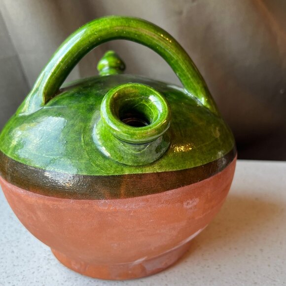Unknown Other - Handcrafted Green Glazed & Terracotta Clay French Gargoulette Confit Oil Jug